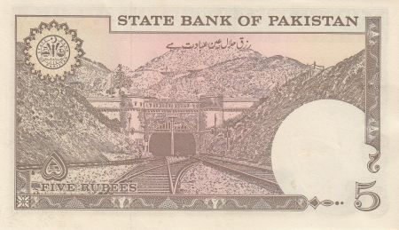 Pakistan 5 Rupees, M. Ali Jinnah - Tunnel ferroviaire de Khajak - 1981