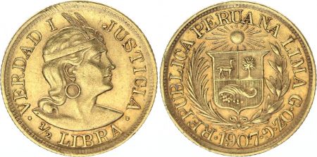 Pérou 1/2 Libra Indien - Armoiries - 1907 - Or
