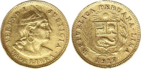 Pérou 1/5 Libra Indien - Armoiries - 1917 - Or