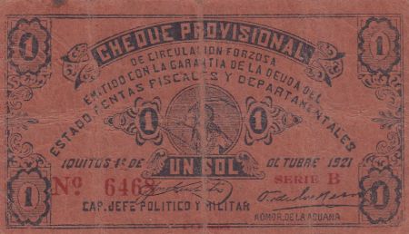 Pérou 1 Sol 1921 - Cheque provisional