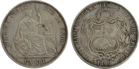 Pérou 1 Sol Liberté assise - Armoiries - 1869