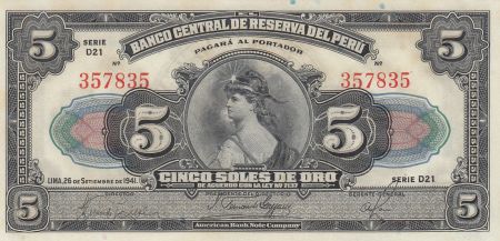 Pérou 5 Soles de Oro, Liberté - 1941 Série D21