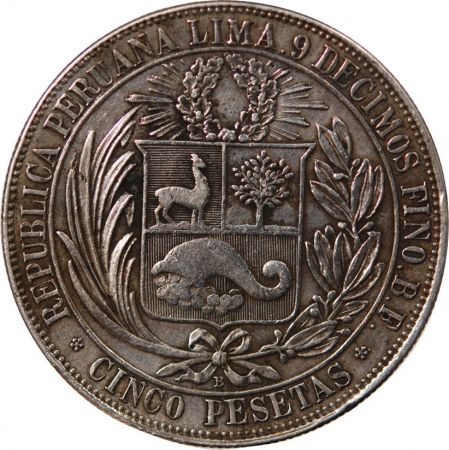 Pérou PEROU - 5 PESETAS ARGENT 1880 LIMA
