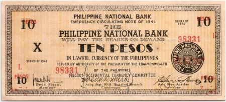 Philippines 10 Pesos Noir et jaune - Philippine National Bank - 1941