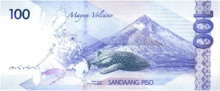 Philippines 100 Piso M. Rowas - Requin baleine, volcan Mayon 2015