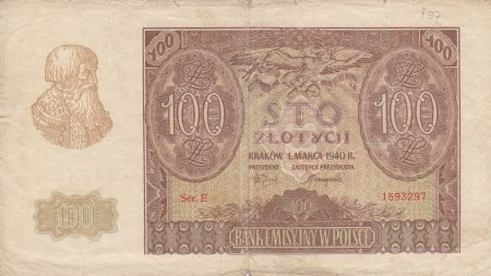 Pologne 100 Zlotych 1940 - Homme barbu, Bâtiment - Série E
