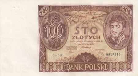 Pologne 100 Zlotych Prince J. Poniatowski - 1934  - SUP Série B.D.