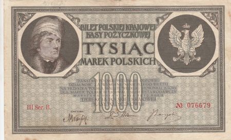 Pologne 1000 Marek  1919  - T. Kosciuszko, Armoiries - Série III B
