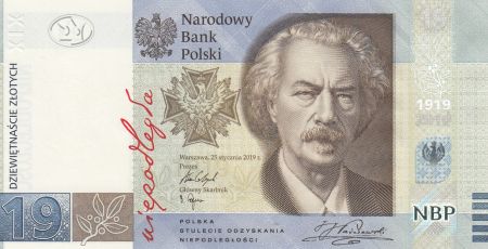 Pologne 19 Zlotych Ignacy Jan Paderewski - 100 ans Imprimerie Fiduciaire Polonaise 1919-2019 - Neuf en folder