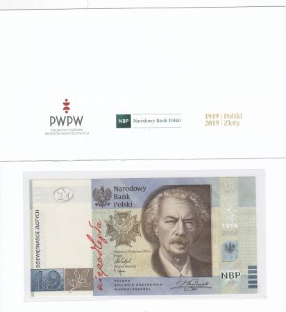 Pologne 19 Zlotych Ignacy Jan Paderewski - 100 ans Imprimerie Fiduciaire Polonaise 1919-2019 - Neuf en folder