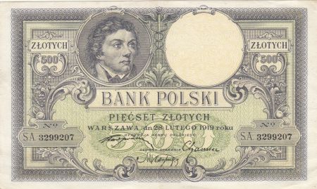 Pologne 500 Zlotych  T. Kosciuszko - Aigle couronné - 1919 - SUP