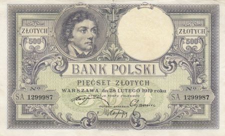 Pologne 500 Zlotych  T. Kosciuszko - Aigle couronné - 1919 - TTB