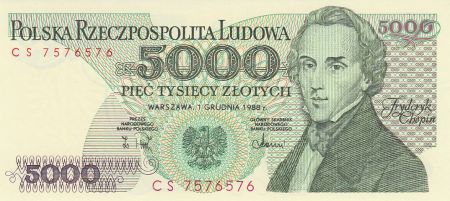 Pologne 5000 Zlotych 1988  - Frederic Chopin - Musique - 1988