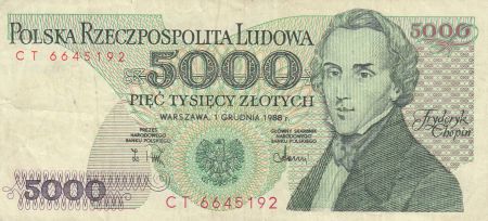 Pologne 5000 Zlotych 1988 - F. Chopin
