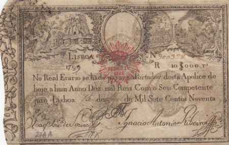 Portugal 10000 Reis 1798 - Pedro IV - Guerre des 2 Frères - 1826