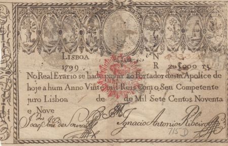 Portugal 20000 Reis 1799 - Miguel I - Guerre des 2 Frères - 1828