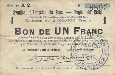 REGION DE RETHEL - BON DE 1 FRANC 12/07/1916