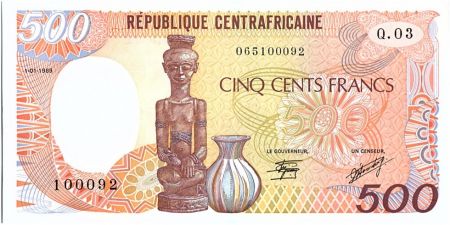 Rép. Centrafricaine 500 Francs Statue et poterie - 1989