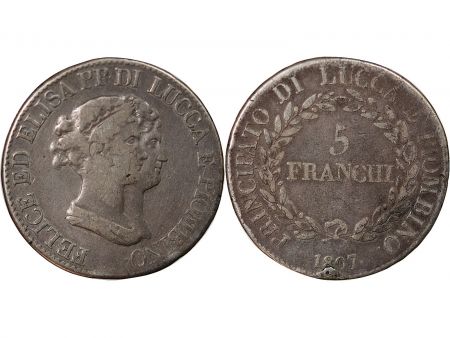 République de Lucques ITALIE, REPUBLIQUE DE LUCQUES, FELIX ET ELISA - 5 FRANCHI ARGENT 1807