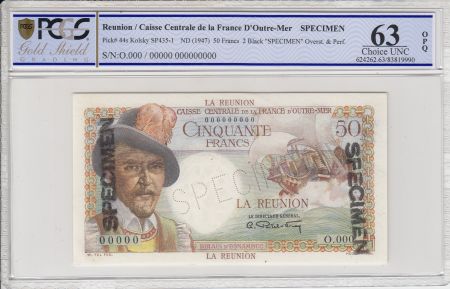 Réunion 50 Francs Belain d\'Esnambuc -1946 - Spécimen - PCGS 63OPQ