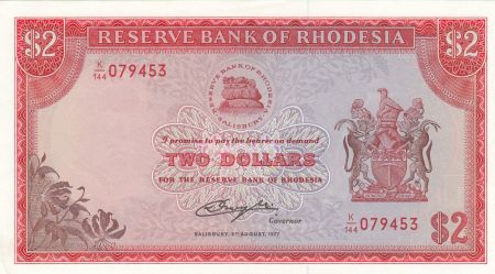 Rhodésie 2 Dollars  Armoiries - Victoria Fall - 1977
