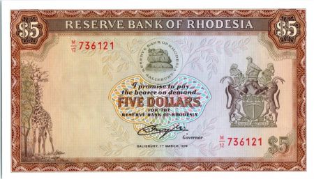 Rhodésie 5 Dollars  Armoiries - Lions - 1976