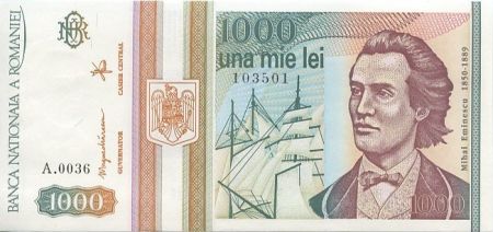 Roumanie 1000 Lei 1993 - Mihail Eminescu, voilier - Monastère