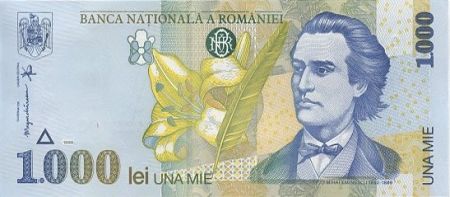 Roumanie 1000 Lei 1998 -  Mihai Eminescu, fleurs