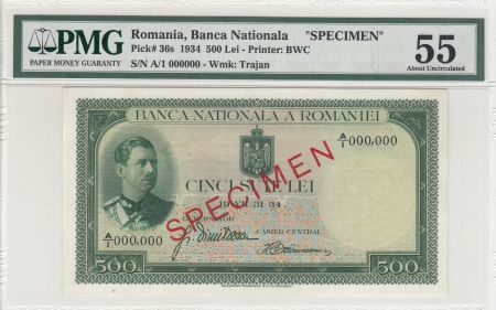 Roumanie 500 Lei - Carol II - 1934 - Spécimen - PMG 55 - P.36s