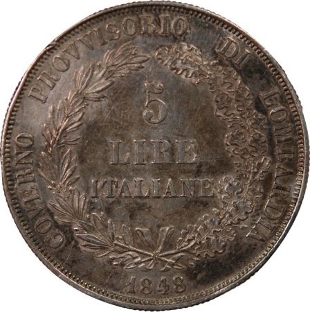 ROYAUME DE LOMBARDIE ITALIE  ROYAUME DE LOMBARDIE  GOUVERNEMENT PROVISOIRE - 5 LIRE ARGENT 1848 M MILAN