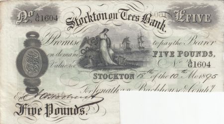 Royaume-Uni 5 Pounds, Stockton on Tees bank - 1895 - Annulé par Coupure - TTB