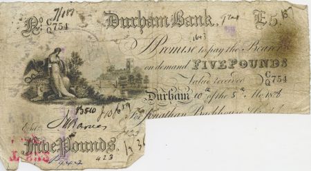 Royaume-Uni 5 Pounds Durham Bank - 1886 - Série CQ 754 - TB