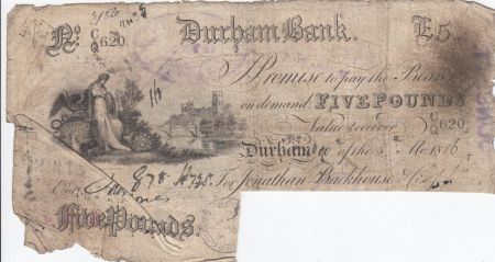 Royaume-Uni 5 Pounds Durham Bank - 1886 - TB - Série CQ 620