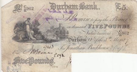 Royaume-Uni 5 Pounds Durham Bank - 1889 - TB - CR 962