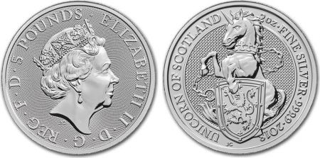 Royaume-Uni 5 Pounds Elisabeth II - Licorne - 2 Once Argent 2018