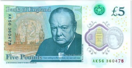 Royaume-Uni 5 Pounds Elisabeth II - Winston Churchill - 2016 Polymer - Neuf