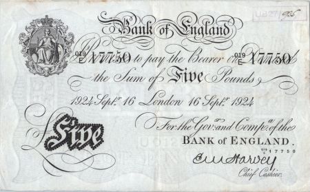 Royaume-Uni 5 Pounds Impr. noire - Londres 1924 - Sig Harvey