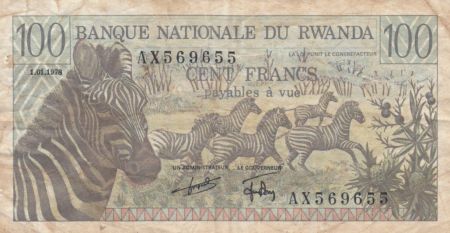 Rwanda 100 Francs  Zébres - 1978 - TTB - P.12
