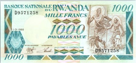 Rwanda 1000 Francs  -  Guerriers Watus, Gorilles, bateau - 1988
