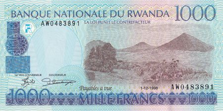 Rwanda 1000 Francs - Volcan - Bétail - 1998 - Série AW - P.27b