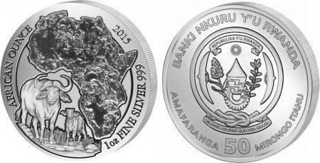 Rwanda 50 Francs Carte Afrique, buffles - Once Argent 2015