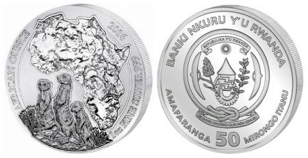 Rwanda 50 Francs Carte Afrique, suricats - Once Argent 2016