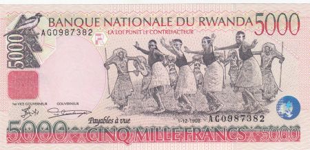 Rwanda 5000 Francs 1998 - Danseurs, Bâtiment