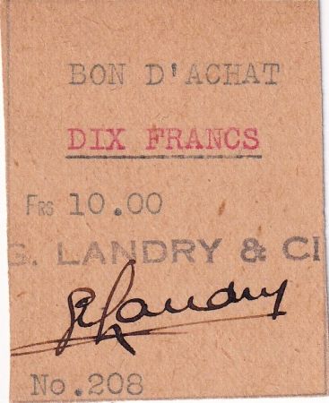 Saint Pierre & Miquelon 10 Francs - Bon d\'achat Société G. Landry et Cie - ND (1942-1943) N° 208 - Kol.629