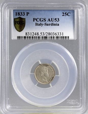 Sardaigne 25 Centesimi Charles-Albert - Armoiries - 1833 P - PCGS AU 53