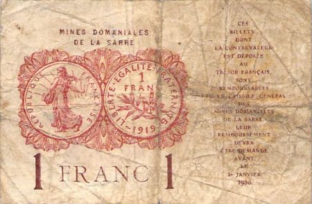 SARRE  MINES DOMANIALES - 1 FRANC 1920 SÉRIE C - B+