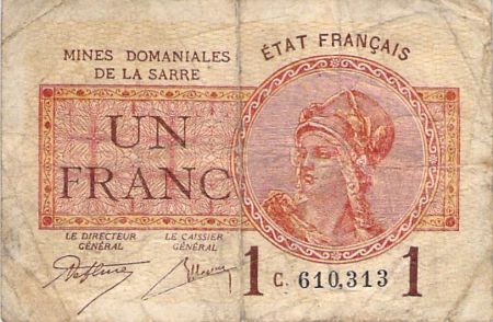 SARRE  MINES DOMANIALES - 1 FRANC 1920 SÉRIE C - B+