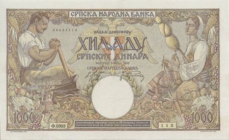 Serbie 1000 Dinara Paysans, aigle à 2 têtes - 1942