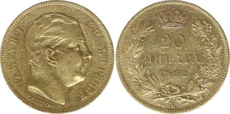 Serbie 20 Dinara Milan I - Armoiries - 1882 Or