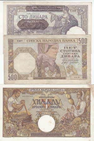 Serbie Série 3 billets  - 100 à 1000 Dinara - 1941-1942